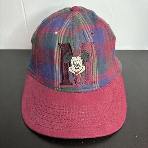 Vintage Mickey Mouse Hat Cap Red Plaid Snapback Adjustable Vtg Disney USA Made